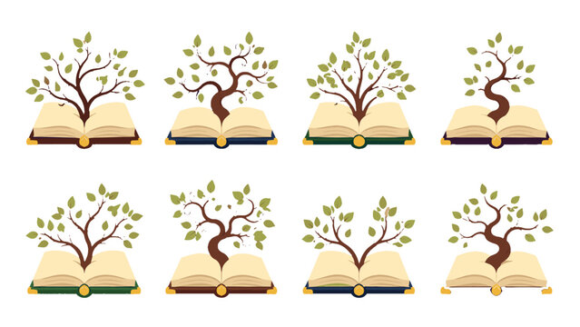 Set of open books with growing trees in watercolor style