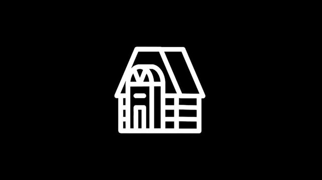 Simple line art icon of a rustic cabin with arched doorway and window