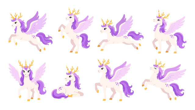 Set of pastel winged unicorn characters in different poses