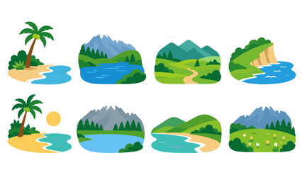 Fototapeta premium Set of flat nature landscape icons with beach mountains and lake