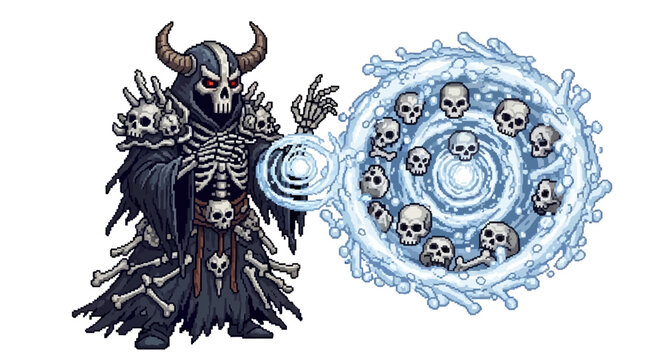 Dark Necromancer Casting Spell with Skulls.