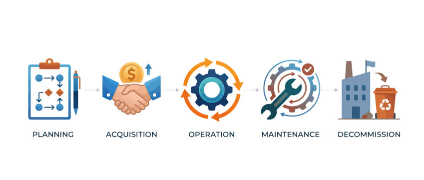 Asset lifecycle management stages from planning to decommissioning process infographic