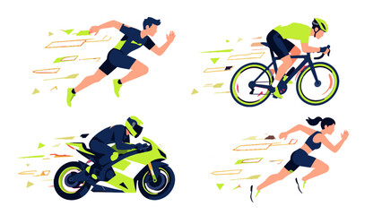 Fototapeta premium Set of fast athletes running, cycling and riding motorcycle