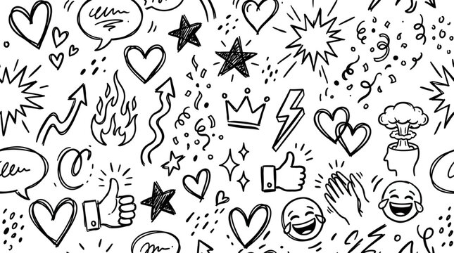 hand drawn social media reaction doodle pattern with hearts emojis likes engagement symbols communication expressions digital interaction and creative marketing elements