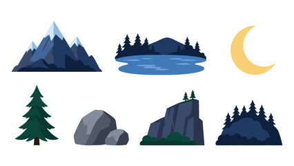 Set of mountain, forest, lake, moon and rock landscape icons © Andrei