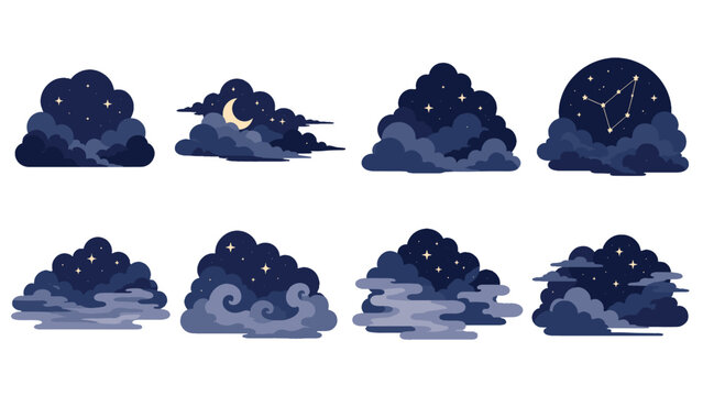 Set of stylized night clouds with stars moon and mist