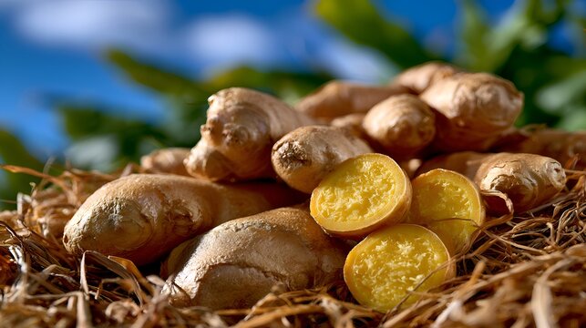 Fresh ginger root pile with cut halves displays the yellow interior, set against foliage and a blue sky in an outdoor setting on dried grass.