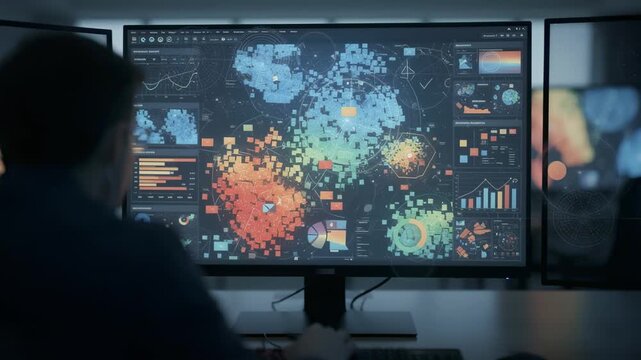 An analytical dashboard displaying colorful suspicious pattern flags on life claims data sharply focused with blurred secondary monitors in a medium shot frame.