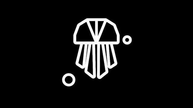 Minimalist white jellyfish icon with tentacles and bubbles on a black background