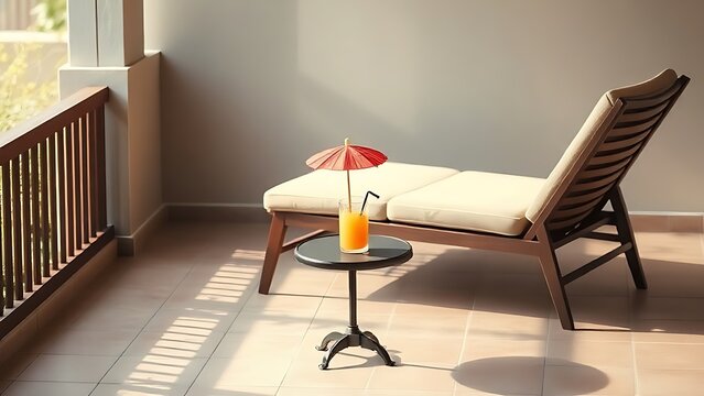 lanai. A lounge chair and side table with a drink on a tiled lanai in soft afternoon light. tourism brochures, itinerary planners, designed for hospitality marketing for hotel rooms and spa retreats.
