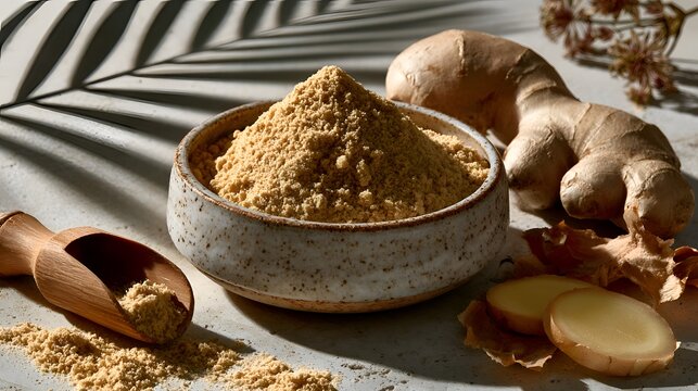 Ground ginger spice piled high in rustic bowl, with whole ginger root and sliced pieces, presented on light surface with shadow patterns.