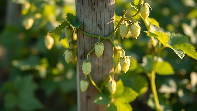 bine. Hops vine with soft stems twining around a weathered wooden stake, green leaves, morning light. gardening catalogs, home-decor guides, designed for home decor and floral branding.