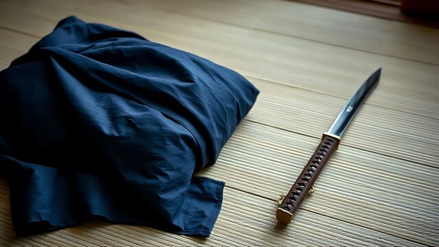 hakama. A neatly folded deep blue hakama and bamboo sword on tatami mat flooring. event programs, museum guides, designed for cultural heritage projects and event programs, supports education.