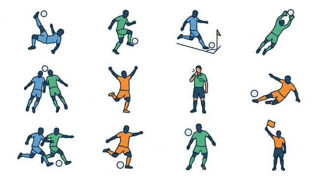 Soccer Players Various Action Positions Illustration.