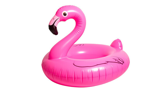 Isolated pink inflatable flamingo pool float, a fun summer accessory for swimming pools and beach parties