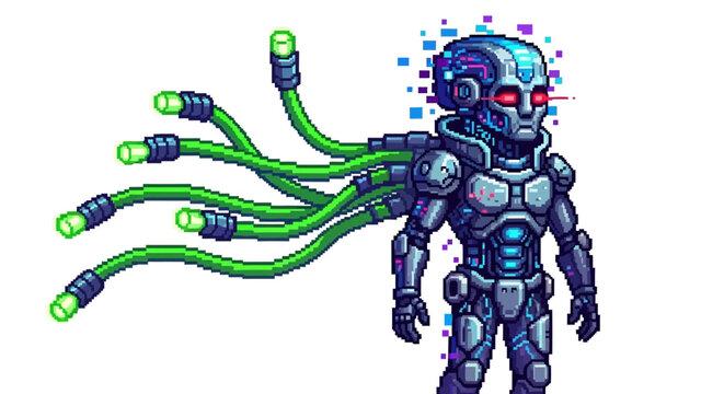 Futuristic Cyborg Robot with Glowing Green Cables Attached.