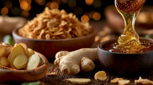A delicious honey pou into wooden bowl next to fresh ginger root and dried ginger slices in rustic kitchen setting with dark background.