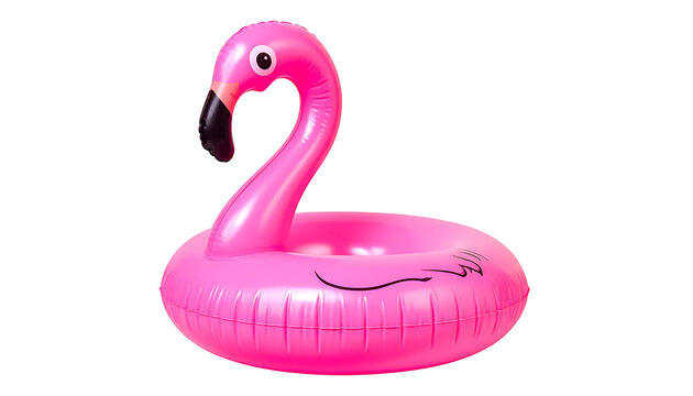 Isolated pink inflatable flamingo pool float, a fun summer toy for beach and pool parties, vacation accessory