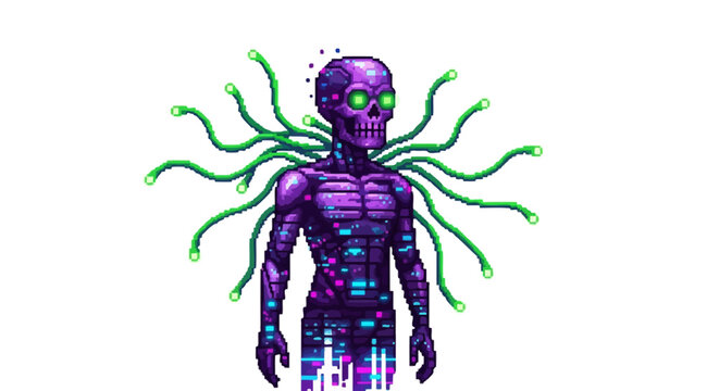 Futuristic Cyborg Skeleton with Glowing Green Eyes and Wires.