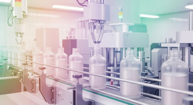 Automated bottling line with robotic arm processing clear plastic bottles in a sterile factory