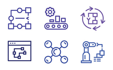 Fototapeta premium Set of six blue outline process automation and industrial production workflow icons vector illustration.