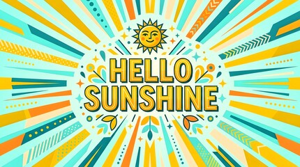 Fototapeta premium Retro illustration of hello sunshine text with smiling sun character and colorful rays in vintage style.