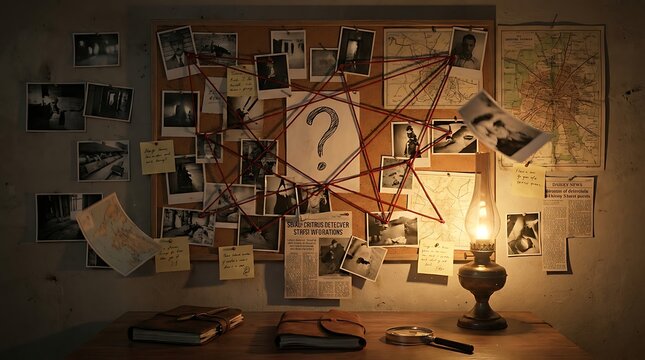 Intriguing detective board unraveling a complex mystery with interconnected clues and a central question mark under dim light, symbolizing an unsolved case and intense investigation