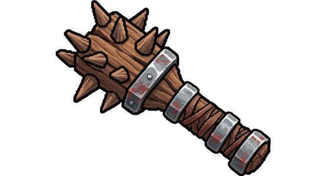 Medieval Wooden Spiked Mace Weapon Illustration.