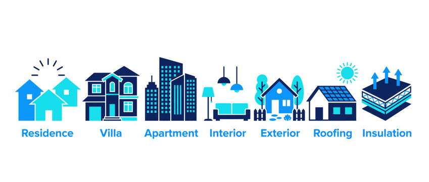 Real Estate and Construction Icon Set for Residence, Villa, Apartment, and Home Insulation