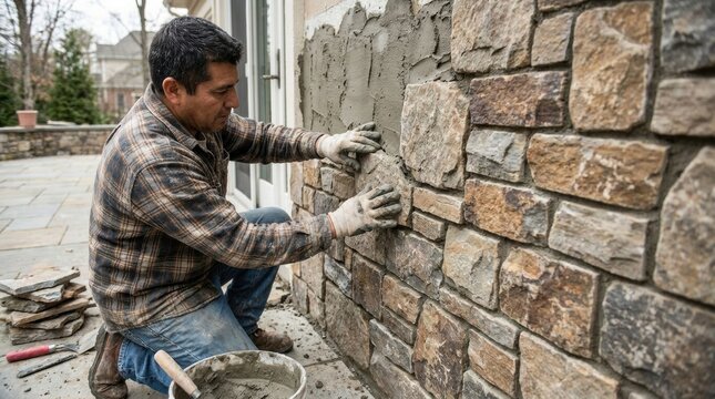 Masonry Expertise: A skilled mason meticulously applies stone cladding to an exterior wall, showcasing craftsmanship and dedication to detail.