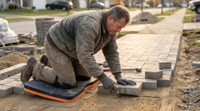 Paver Installation: A diligent worker meticulously lays interlocking stone pavers on a suburban walkway, creating a new pathway with precision and care.