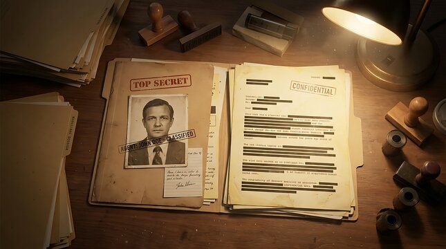 Top Secret Classified Personnel Intelligence File with Redacted Documents on a Dimly Lit Wooden Desk