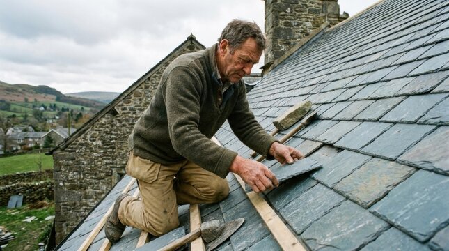 Master Craftsman on the Roof: An experienced roofer meticulously installs slate tiles on an old stone building, embodying dedication to traditional craftsmanship and the beauty of natural materials.