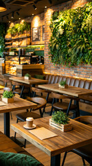 Fototapeta premium Cozy Cafe Ambiance: A warm and inviting cafe interior with rustic wooden tables, lush green vertical gardens adorning brick walls, and soft lighting creates a welcoming atmosphere for patrons.