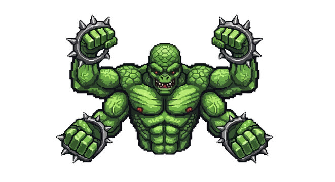 Mighty Green Monster Character with Spiked Fists.