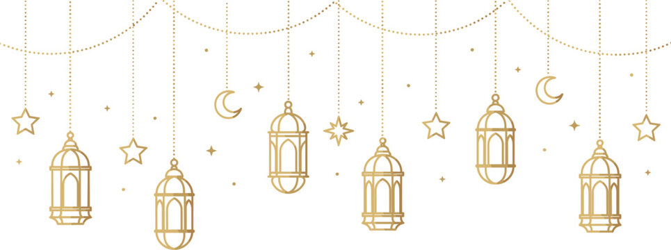 Ramadan lantern border vector illustration isolated, Islamic festive decoration with stars and crescent design set