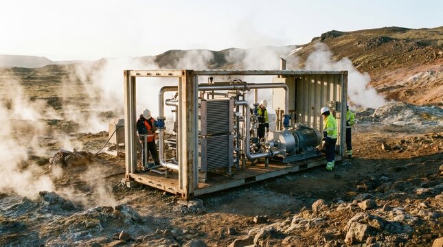 Geothermal Power Unit in Volcanic Landscape: Workers in hard hats oversee an industrial power generation unit, surrounded by a steaming, rugged volcanic terrain, harnessing the Earth's natural heat.