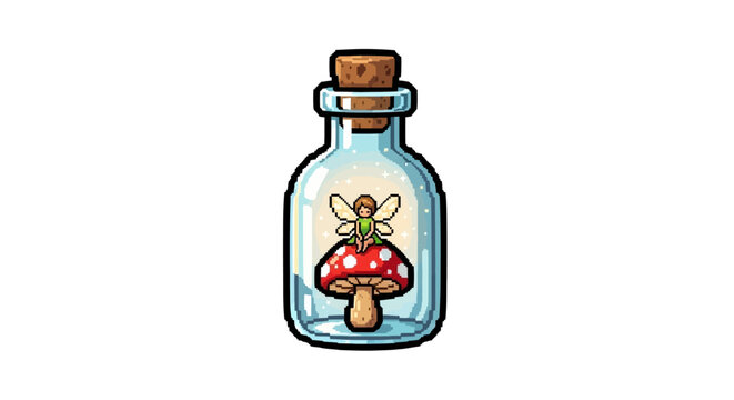 Magical Fairy Trapped Inside a Glass Bottle with Mushroom.