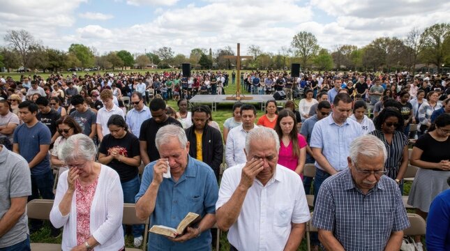 A Solemn Gathering: A large congregation bows their heads in prayer and reflection during an outdoor religious ceremony, conveying a sense of shared faith and solemnity.