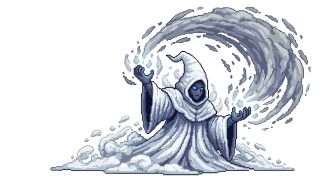 Mysterious hooded figure conjuring elemental water magic.