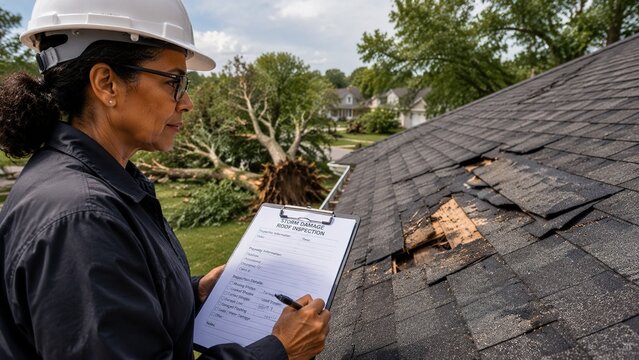 Storm Damage Roof Inspection: Inspecting roof damage from a storm for insurance purposes.