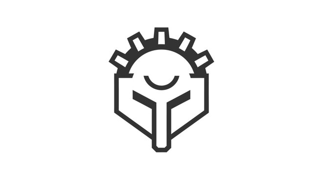 Minimalist black and white logo combining a gear, a smiling face, and a shield