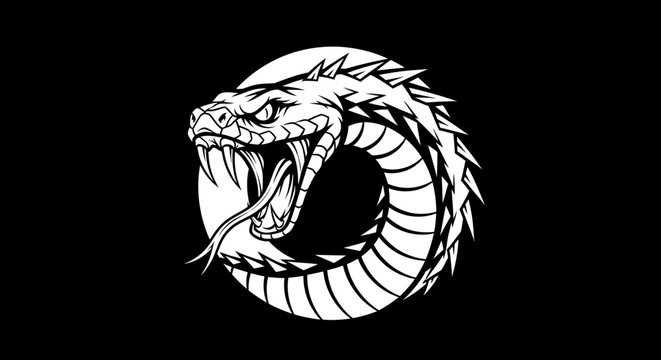 Black and white stylized snake logo with fierce expression, open mouth, and tongue