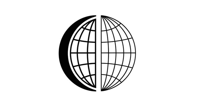 Black and white schematic globe with grid lines, half in shadow, minimalist design