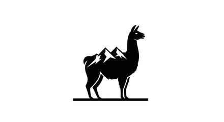 Black silhouette of a llama with mountain peaks on its body on a white background © Keong