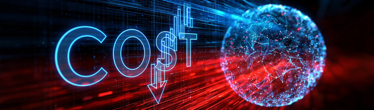 Cost Reduction Innovation: A striking visual representation of cost reduction, with the word COST in glowing neon letters and a downward arrow indicating decrease.