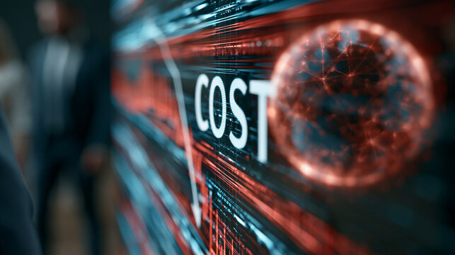 Rising Costs: A digital display shows the word COST illuminated in white against a red, data-driven background, with a downward arrow indicating a decrease or problem, symbolizing economic challenges.
