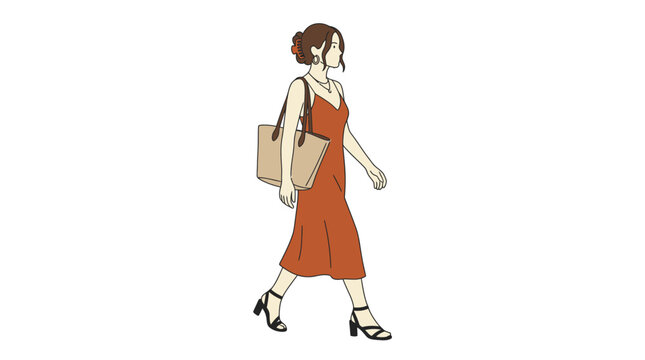 Woman in orange dress walking with a tote bag, isolated on white background
