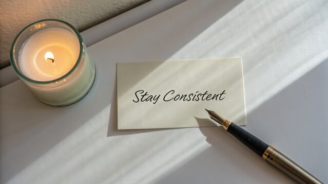 Inspirational note with stay consistent message beside candle and pen on white surface creating a calm and focused atmosphere
