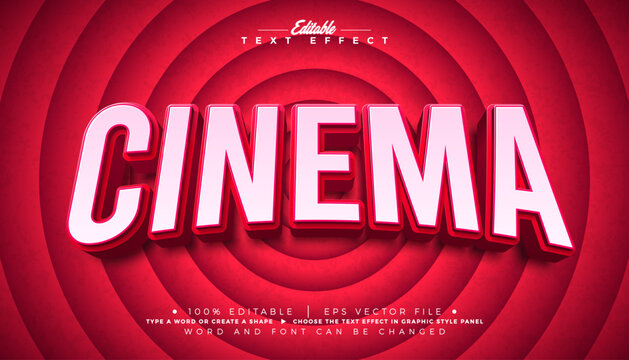 Cinema Editable Text Effect Graphic Style with Red and White Movie Font on Retro Cartoon Background. Customizable Comic Vector Typography Lettering Illustration Template for Flyer, Banner